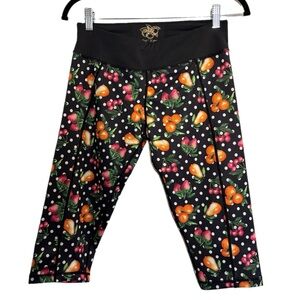 Betsey Johnson performance black capri leggings w/ polka dot & fruit print